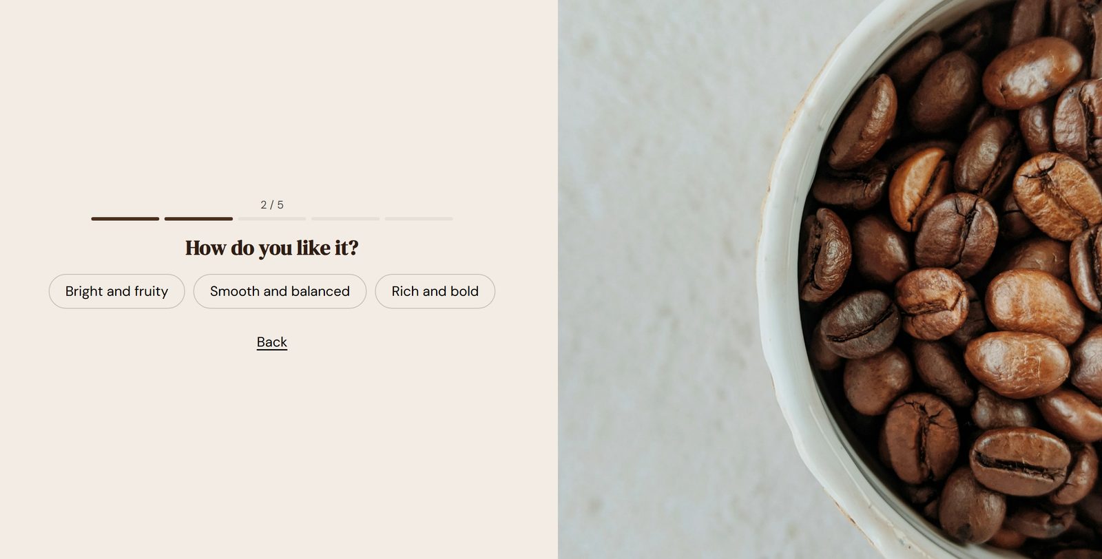 A coffee quiz question with a photo of coffee beans